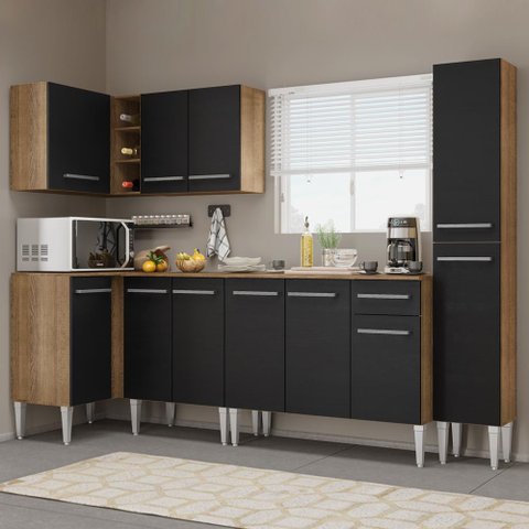 Armário de Cozinha Completa de Canto 325cm Rustic/Preto Emilly Water Madesa 02