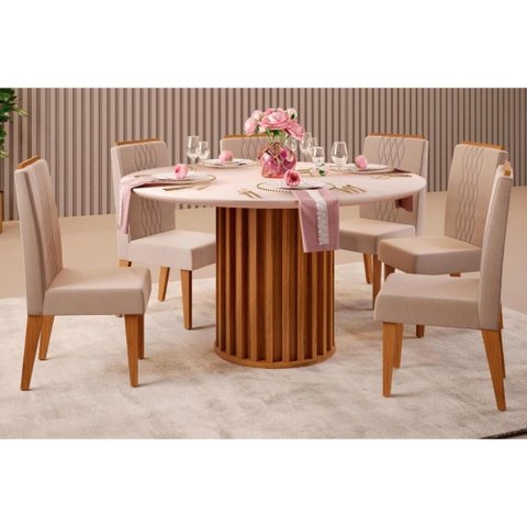 Sala de Jantar Completa Viena Tampo Madeirado C/ Vidro 136cm e 6 Cadeiras Lia Freijo/off White -