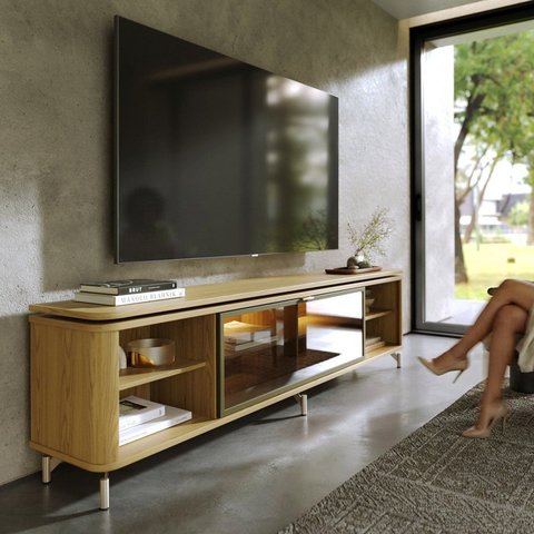 Rack Lincoln Float 2,10m MDF com LED e Vidro Reflecta Carvalho