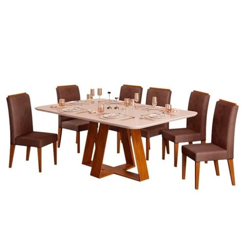 Mesa de Jantar Kiara 160cm com 6 Cadeiras Yasmin D04 Freijó-Veludo Moca - Mpozenato