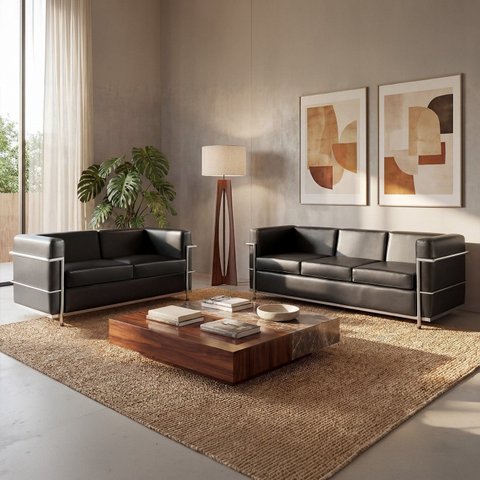 Conjunto de Sofá Le Corbusier 5 Lugares Couro Sintético Preto