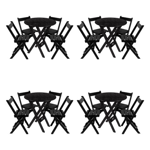 Kit 4 Conjuntos Mesa Redondo 70cm Dobrável com 4 Cadeiras em Madeira Maciça - Preto