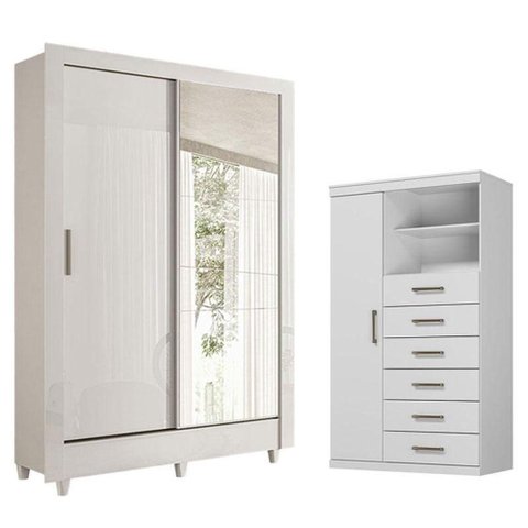 Guarda Roupa Casal Bélgica 2 Portas de Correr 6 Gavetas MDP com Espelho e Cômoda Branco Brilho