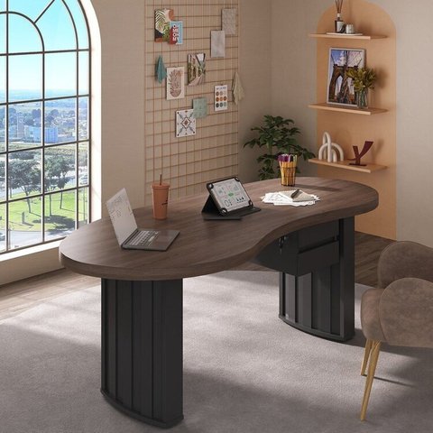 Escrivaninha Mesa Escritório Diretor Organic com 2 Gavetas 200cm Charuto e Preto Artany