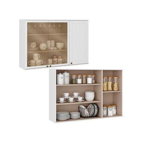 Armário Aéreo para Cozinha com 2 Portas de Vidro 1,2 M Cor:branco