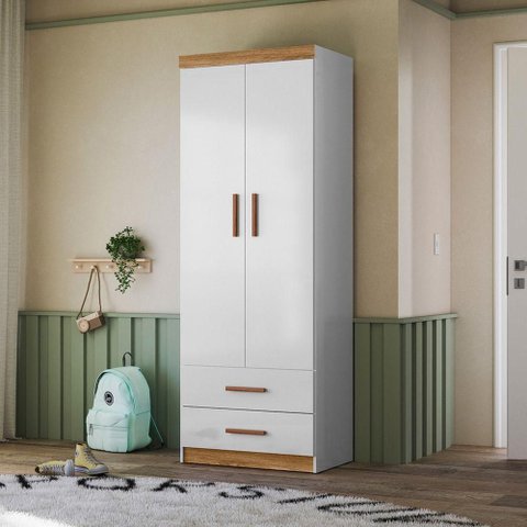 Roupeiro Infantil Onix 2 Portas de Bater 2 Gavetas MDP Branco-Nature Peternella Móveis