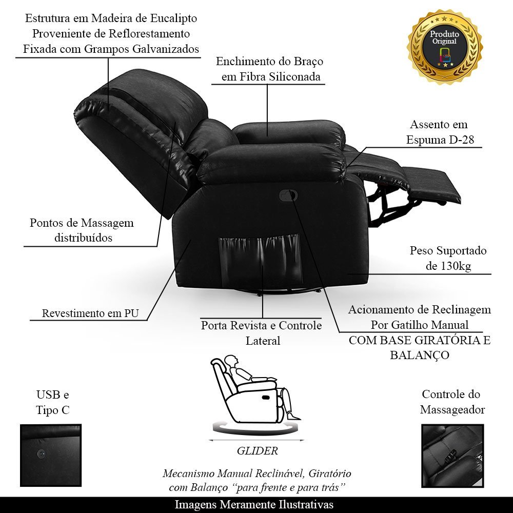 Poltrona do Papai Reclinável Sala de Cinema Madrid Glider Manual Giratória Massagem USB PU Preto Bri - 3