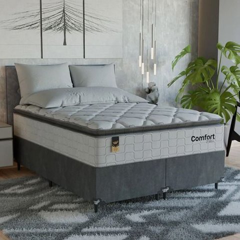 Cama Box Casal Bipartido + Colchão Comfort Class Pillow Top Branco/suede Cinza