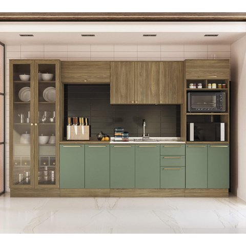 Armário de Cozinha Modulada Completa Reta 7 Peças 3,50m Botanic Kappesberg - Nogueira/Verde Oliva