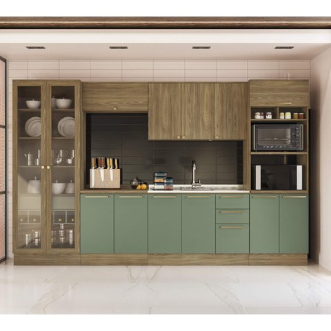 Armário de Cozinha Modulada Completa Reta 7 Peças 3,50m Botanic Kappesberg - Nogueira/verde Oliva