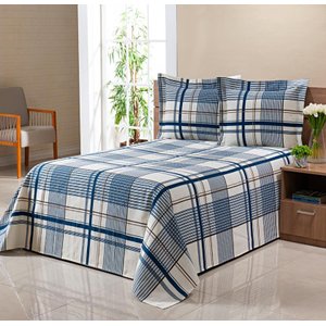Colcha Cobre Leito Piquet Casal Queen 3pçs Xadrez Azul