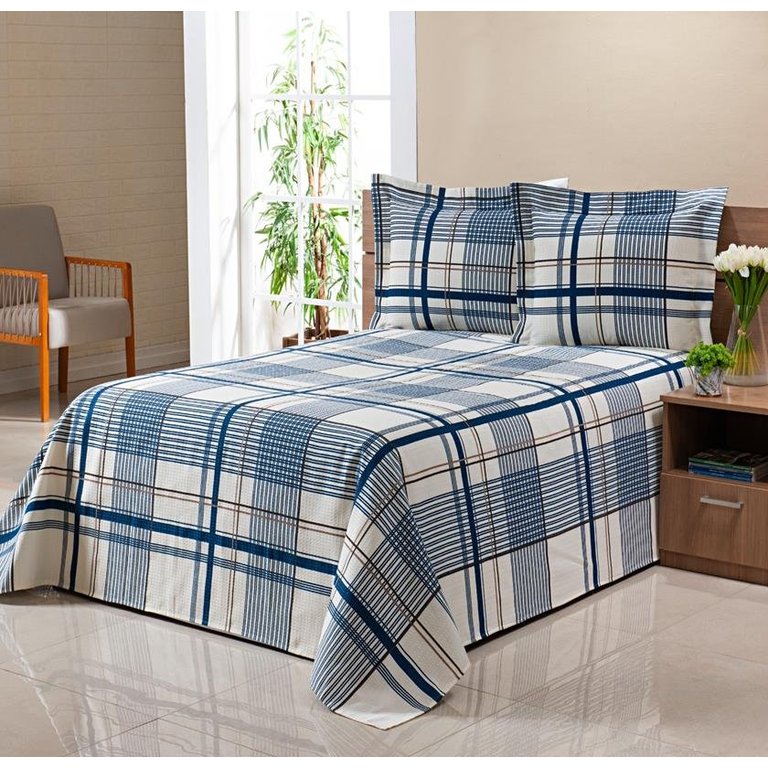 Colcha Cobre Leito Piquet Casal Queen 3pçs Xadrez Azul