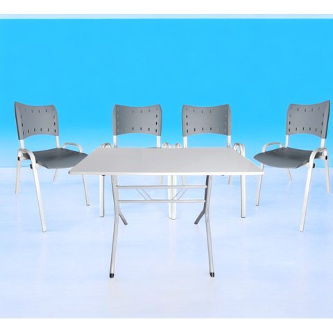 Jogo Mesa 120x70 para Restaurante Comércio com 4 Cadeiras Iso Cinza Base Branca Ecomhome