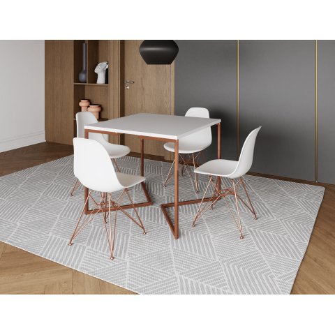 Mesa Industrial Base Ferro Cobre em V Tampo 90x90 Branco 4 Cadeiras Eames Ferro Assento Branco