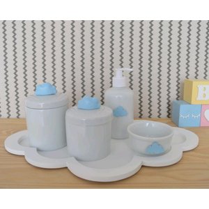 Kit Higiene Bebê Tema Nuvem Azul Moderno Porcelana Bebê + Bandeja