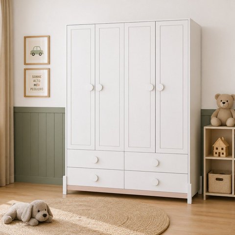 Armário para Quarto Infantil 4 Portas e 4 Gavetas Luna Branco/Neve/Renda