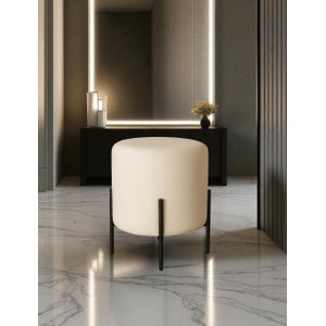 Puff Siena Decorativo Tecido Linho Banqueta Redondo Pés de Metal