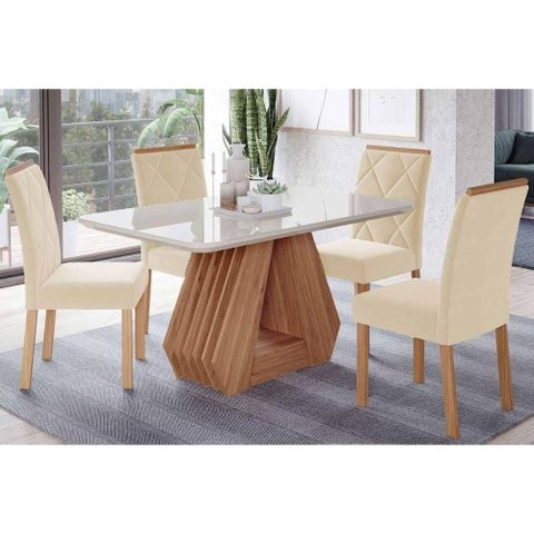 Conjunto: Mesa Sala Jantar Ágata Tampo Madeirado C/ Vidro 130x80cm e 4 Cadeiras Fernanda Cinamomo/