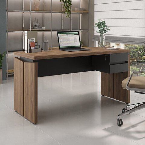 Escrivaninha Mesa Escritório Diretor com em Tamburato 1450 2 Gavetas 100% MDF 145,3cm Nogal e Preto Artany