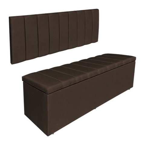 Kit Cabeceira Painel e Calçadeira Baú Solteiro 0,90m Londres Suede Marrom Dal Poz Estofados