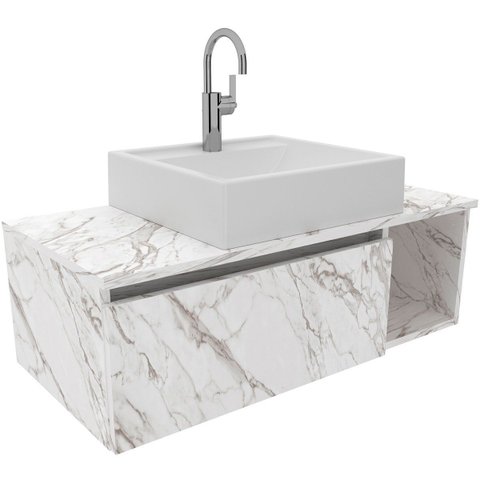 Gabinete de Banheiro 80 Cm com Cuba 1 Porta e Nicho Mármore Branco