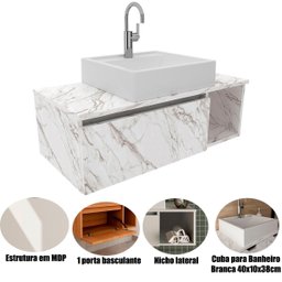 Gabinete de Banheiro 80 Cm com Cuba 1 Porta e Nicho Mármore Branco - 2