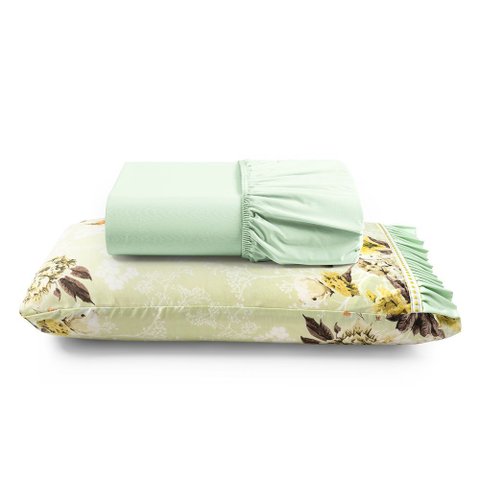 Jogo Cama Lençol Fiore Solteiro Estampado 180 Fios 100% Algodão com Babadinho 2 Peças Verde Floral