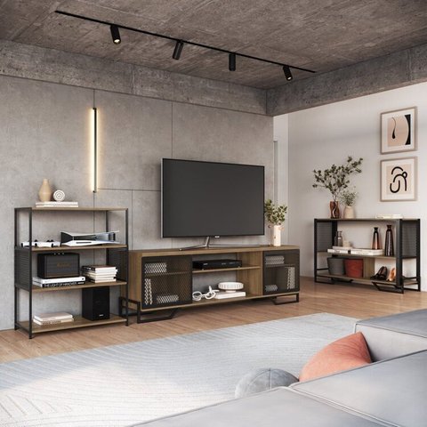 Sala de Estar Completa com 3 Itens Rack TV 60 Polegadas com Porta Industrial, Estante e Aparador Tel Marrom