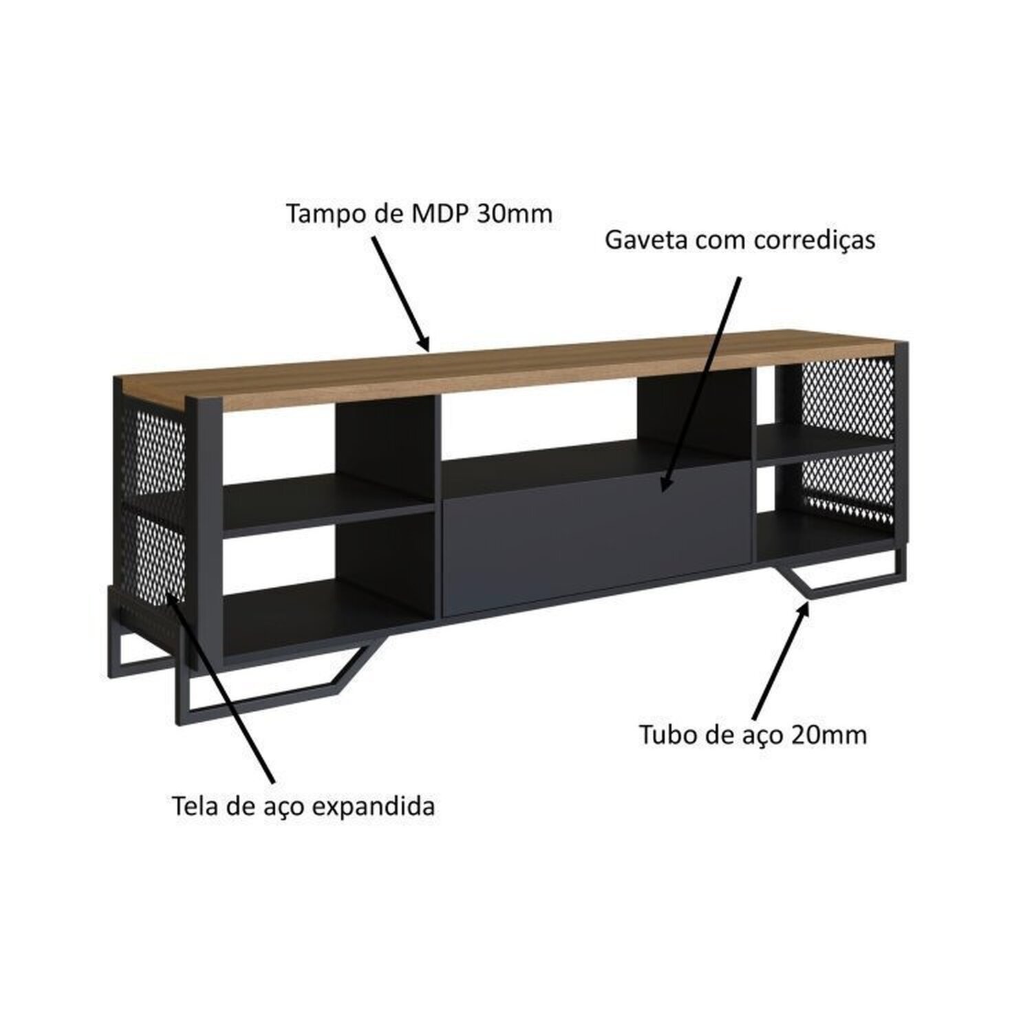 Sala de Estar Completa com 4 Itens Rack Tv 60 Polegadas, Estante, Aparador e Estante Alta Telada - 3