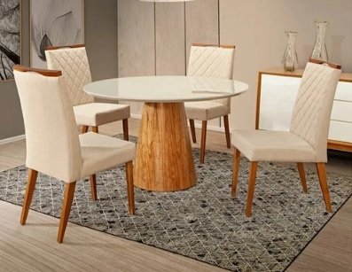 Mesa de Jantar Cone Base Mel Tampo Redondo 100 Cm com Vidro Off White + 4 Cadeiras Ana Creme