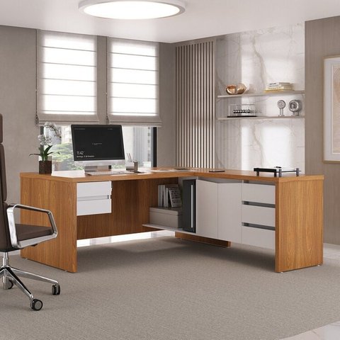 Escrivaninha Mesa Escritório em L Diretor com Y37 5 Gavetas 180cm Freijó Com Branco