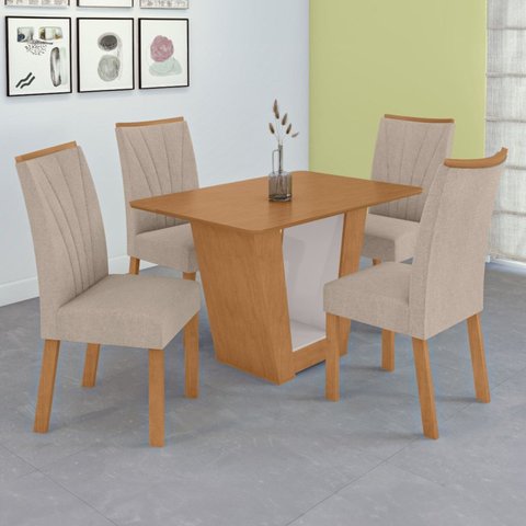 Conjunto Sala de Jantar 4 Lugares Retangular Tampo MDF Mesa e Cadeiras Apogeu Marrom Amêndoa /Off White/Bege