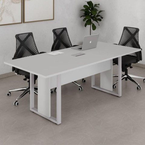 Mesa Reunião Industrial 200 cm X 90 cm para 8 Pessoas com 1 Caixa de Tomadas F5 Office Cor:Cinza