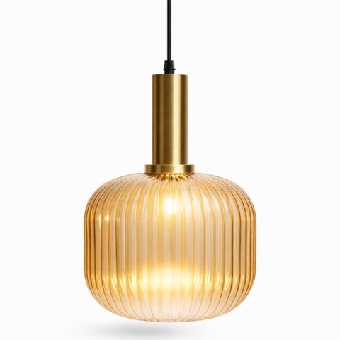Pendente Prisma Metal e Vidro Canelado Dourado/ambar 30*20 Cm E27 Aurora Sku: Pnd-prs-amb