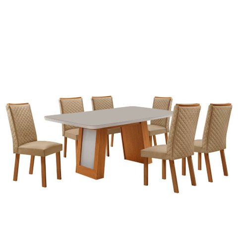 Mesa de Jantar Carolina 180cm Tampo MDF Vidro Canto Copo com 6 Cadeiras Lira