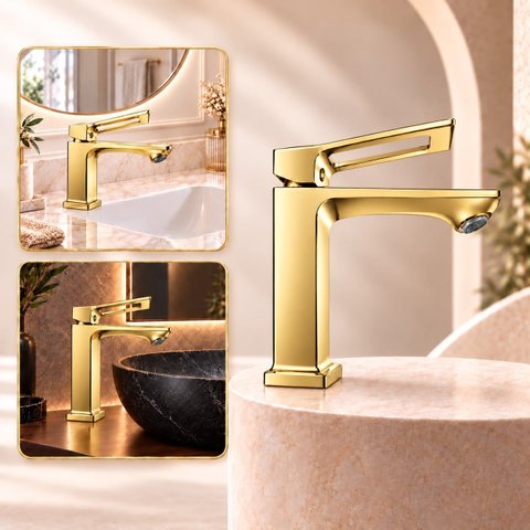 Torneira Doha Dourada Baixa Aço Inox 304 Premium Goldenx