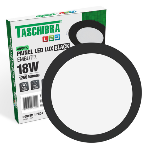 Painel de Led Redondo Embutir 18W Preto Bivolt Taschibra 4000K Luz Neutra