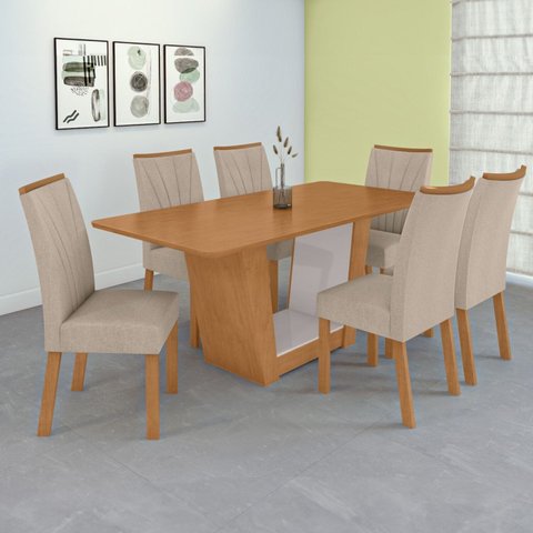 Conjunto Sala de Jantar 6 Lugares Retangular Tampo MDF Mesa e Cadeiras Apogeu Marrom Amêndoa /Off White/Bege