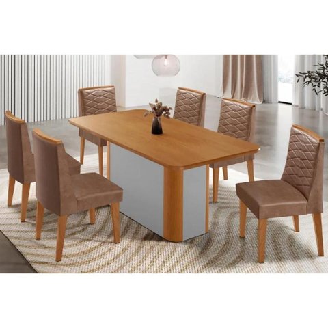 Sala Jantar Mesa Pietá Tampo Curvo 180cm+6 Cadeiras Maldivas Madeira Naturale/off White - Capuccino