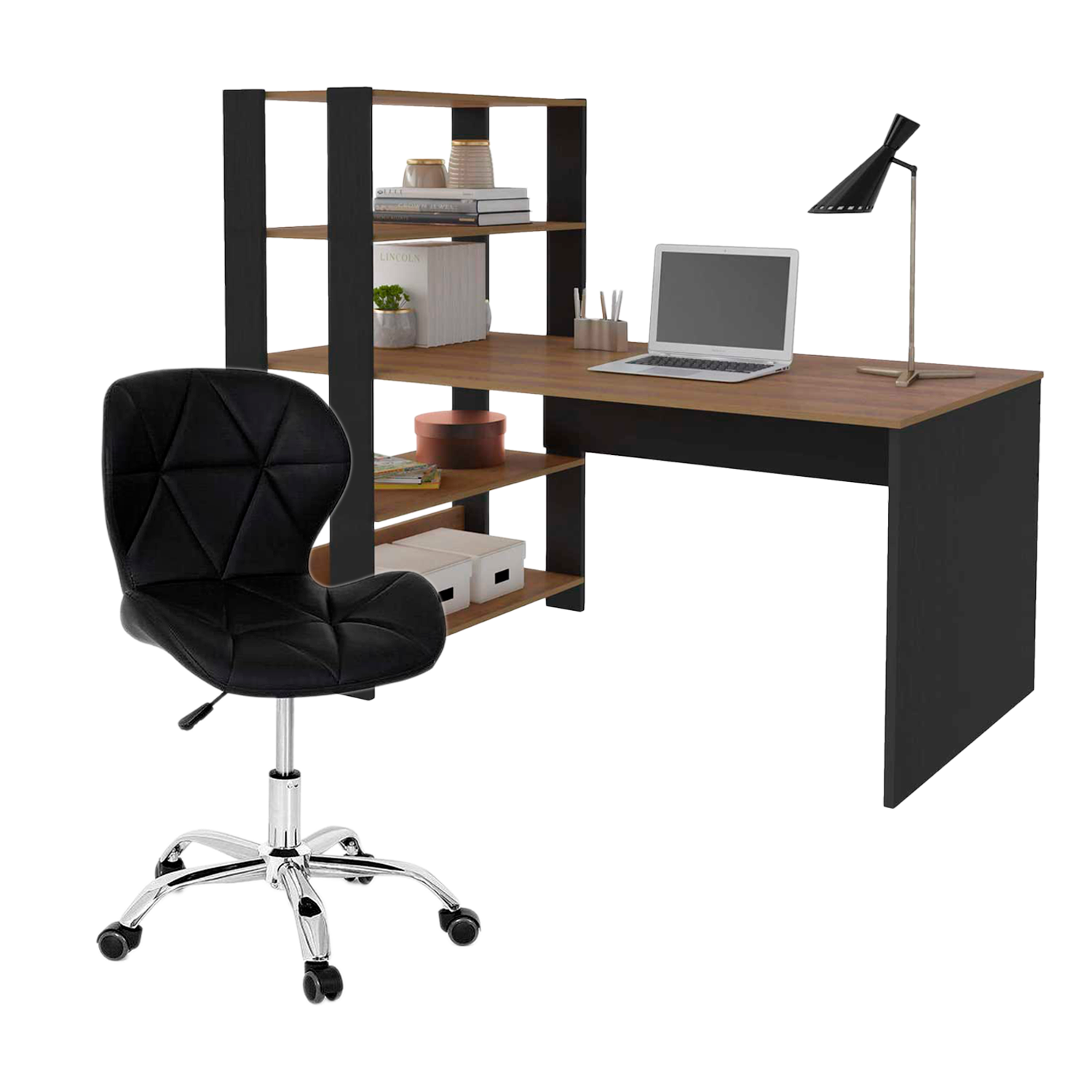 Kit Mesa de Estudos Estante com Cadeira Slim Preta | MadeiraMadeira