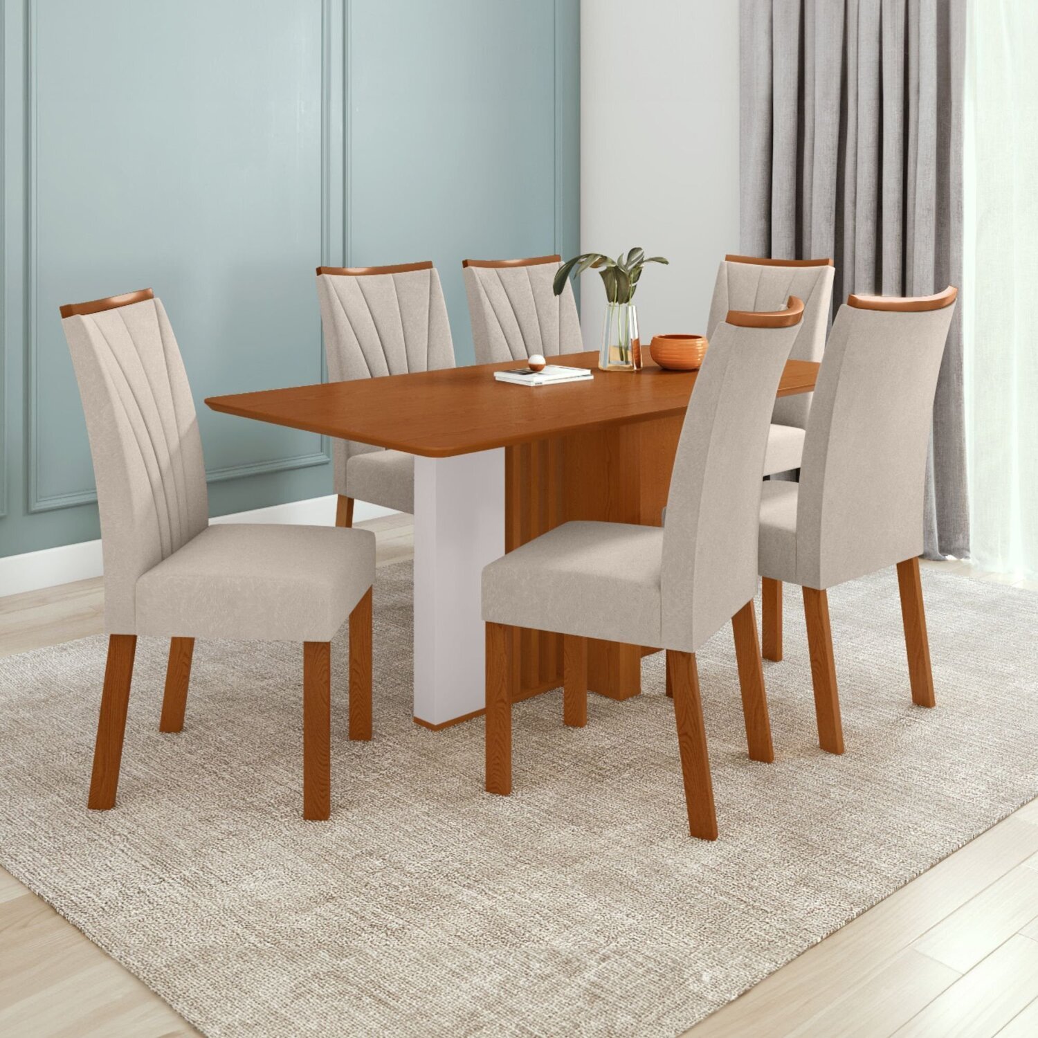 Conjunto Mesa 170cm Astrid Tampo Mdf no Glass e 6 Cadeiras Apogeu