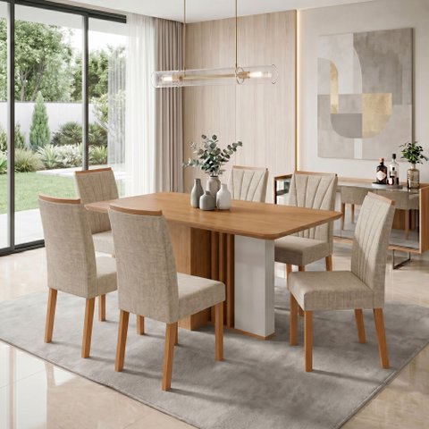 Conjunto Sala de Jantar 6 Lugares Retangular Tampo MDF no Glass Mesa Astrid com Cadeiras Apogeu Bege Amêndoa Clean/Off White/Bege