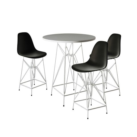 Jogo Mesa Bistrô Eames Branca 60cm 3 Banquetas Preta Base Ferro Branco - Cor: Branco
