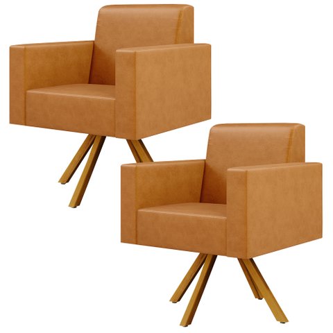 Kit 02 Poltronas Decorativa Base Giratória de Madeira Helô L02 Couríssimo Whisky - Lyam Decor