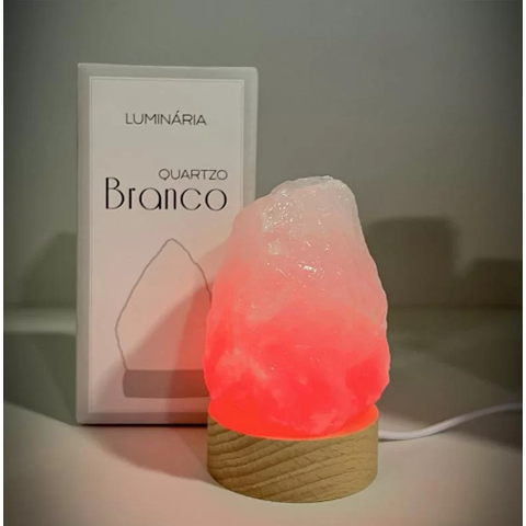 Mini Luminária Quartzo Branco Led Colorido - Base de Madeira