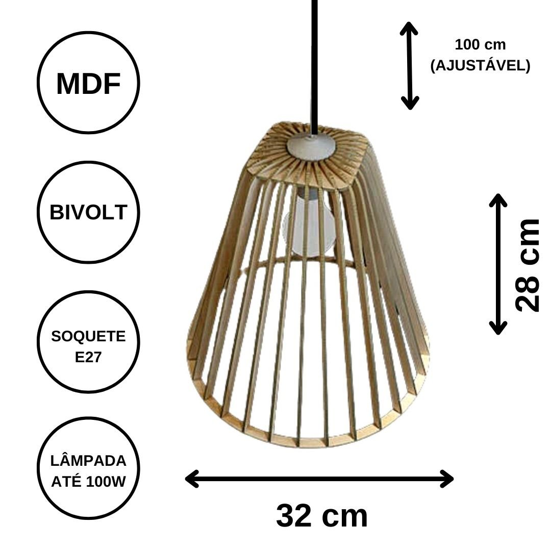 Luminária Teto tipo Pendente PEQUIM MDF - Completa - Cor: Marrom - 3