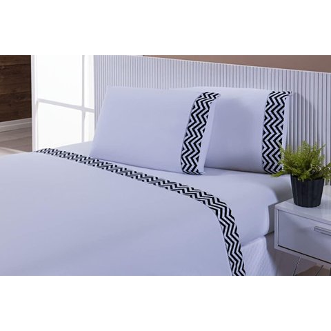 Jogo Lençol Viúva 4 Peças 188x128x25 100% Algodão 300 Fios Estampado Branco Barrado Chevron