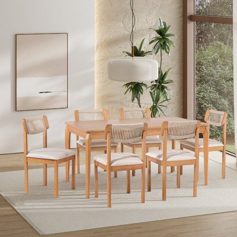 Conjunto Sala de Jantar com 1 Mesa Tampo Laminado 160cm e 6 Cadeiras Corda Florença Bege/Verniz Mel/