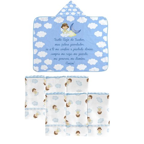 Kit Toalha de Banho Bebe e 6 Panos de Boca Anjinho Cor:azul