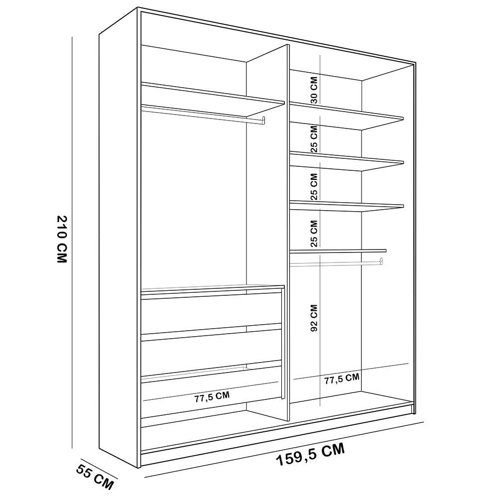 Closet Solteiro Guarda Roupa sem Porta 159cm 3 Gavetas Mdf Pisa